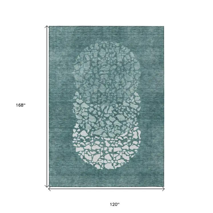 10' X 14' Dark Green Aqua And Ivory Abstract Washable Indoor Outdoor Area Rug