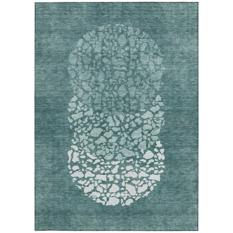 10' X 14' Dark Green Aqua And Ivory Abstract Washable Indoor Outdoor Area Rug