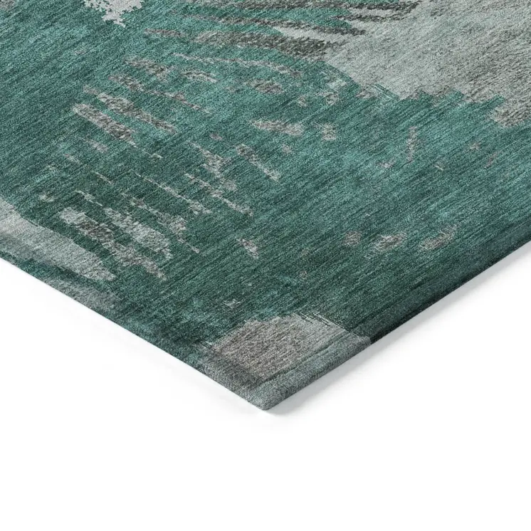 3' X 5' Dark Green Aqua And Gray Abstract Washable Indoor Outdoor Area Rug