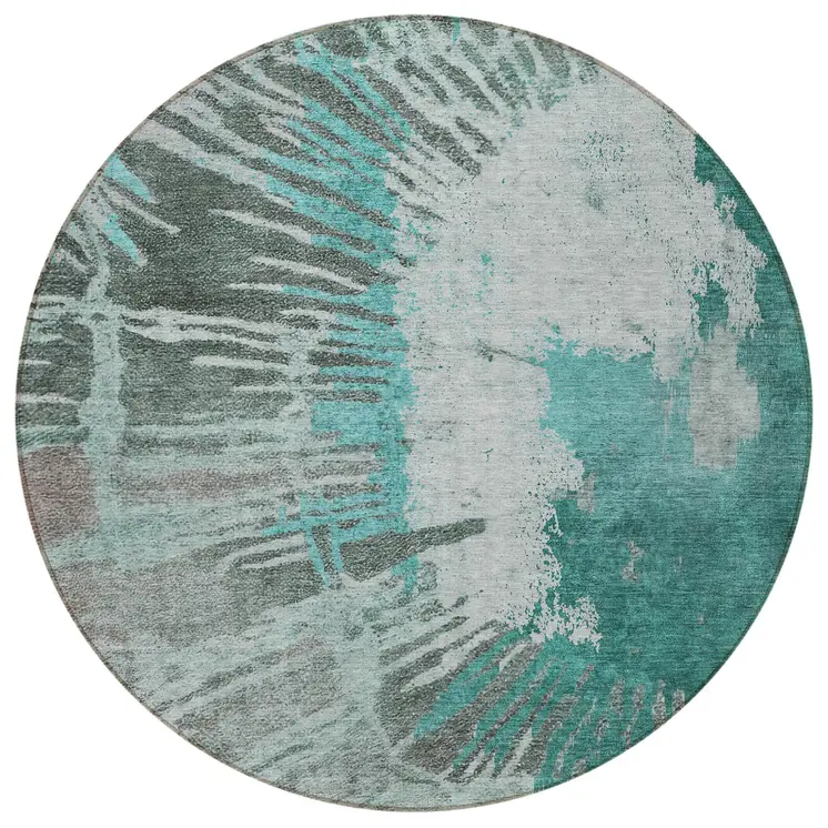 8' Dark Green Aqua And Gray Round Abstract Washable Indoor Outdoor Area Rug