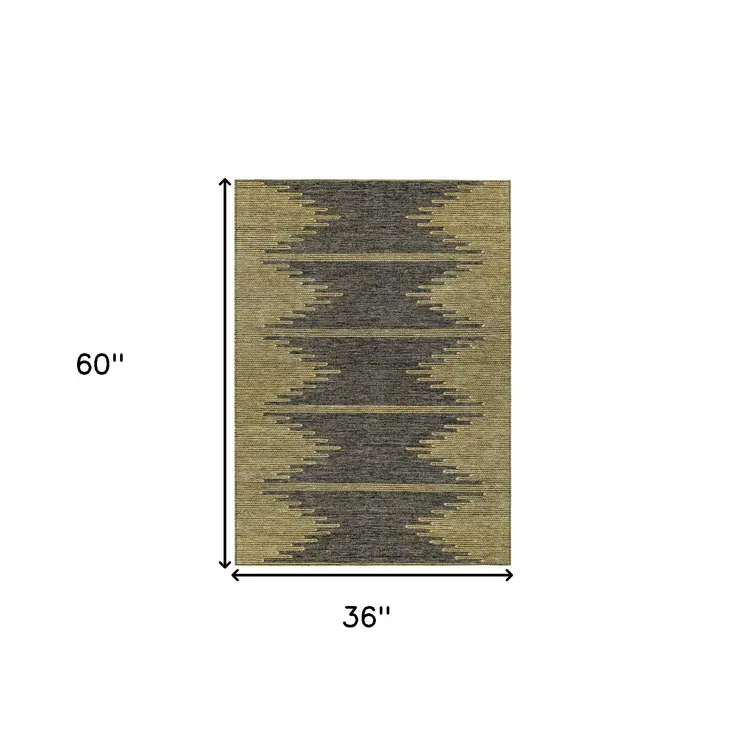 3' X 5' Dark Gray And Gold Abstract Washable Indoor Outdoor Area Rug