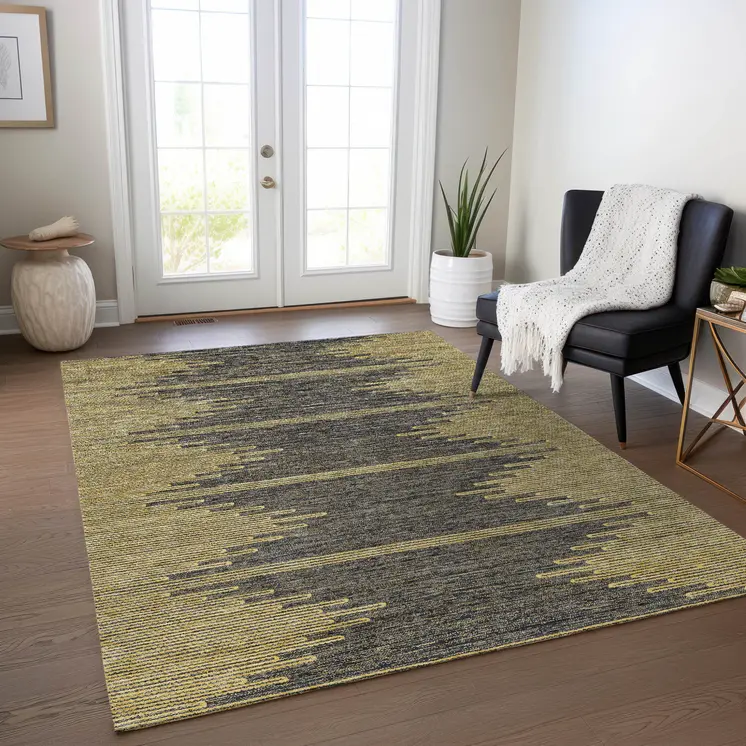3' X 5' Dark Gray And Gold Abstract Washable Indoor Outdoor Area Rug