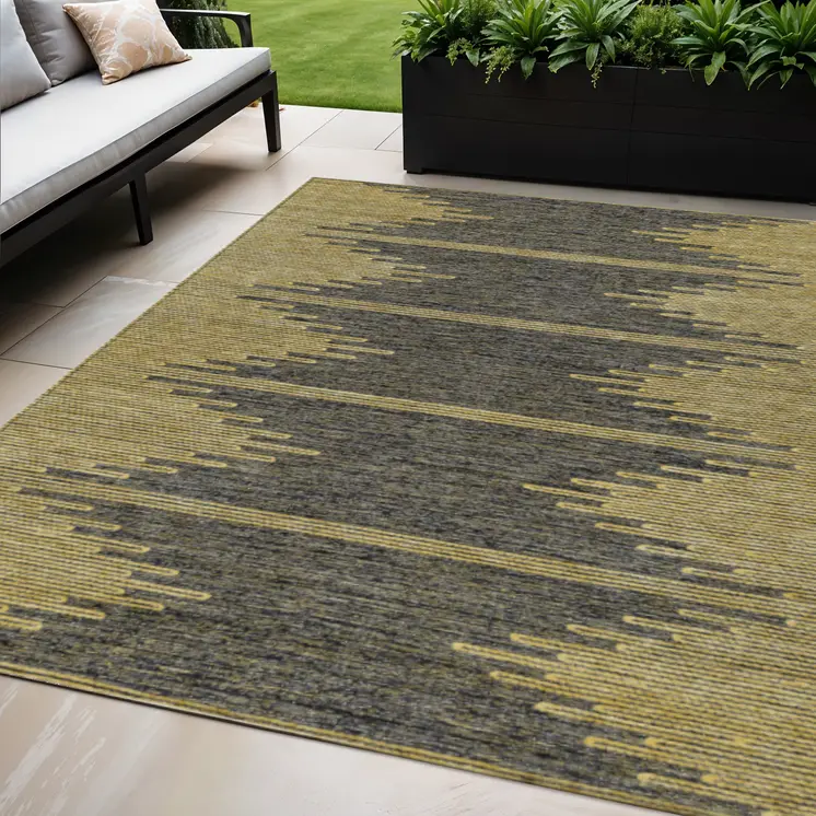 5' X 8' Dark Gray And Gold Abstract Washable Indoor Outdoor Area Rug