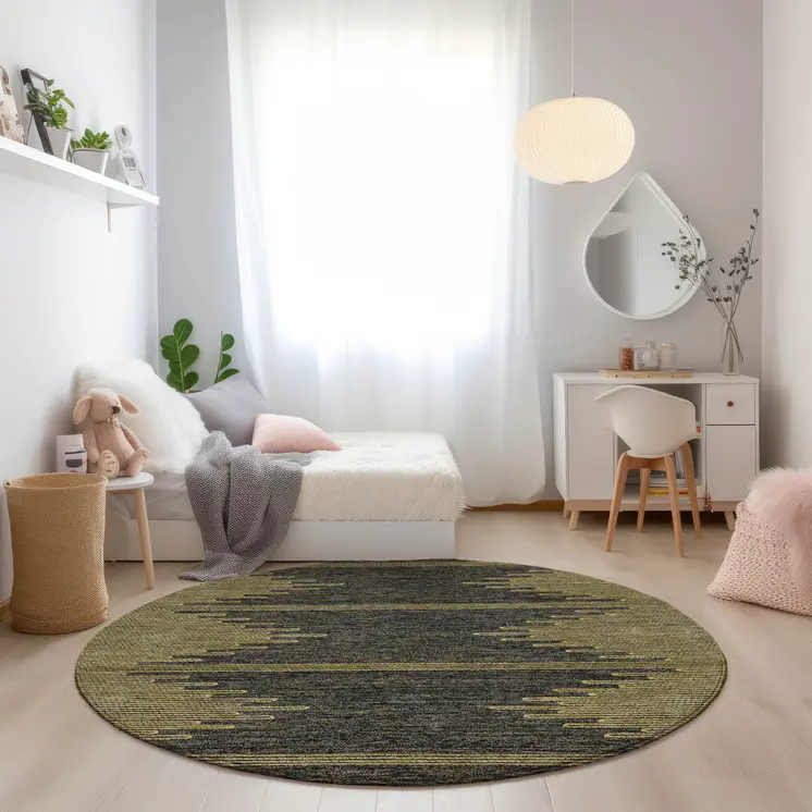 8' Dark Gray And Gold Round Abstract Washable Indoor Outdoor Area Rug
