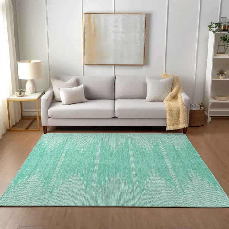 3' X 5' Aquamarine And Ivory Abstract Washable Indoor Outdoor Area Rug