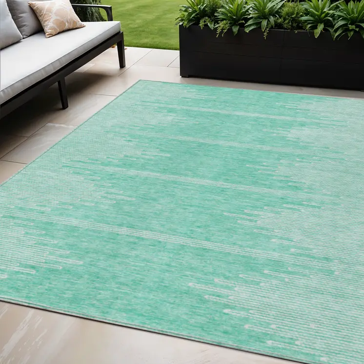 5' X 8' Aquamarine And Ivory Abstract Washable Indoor Outdoor Area Rug