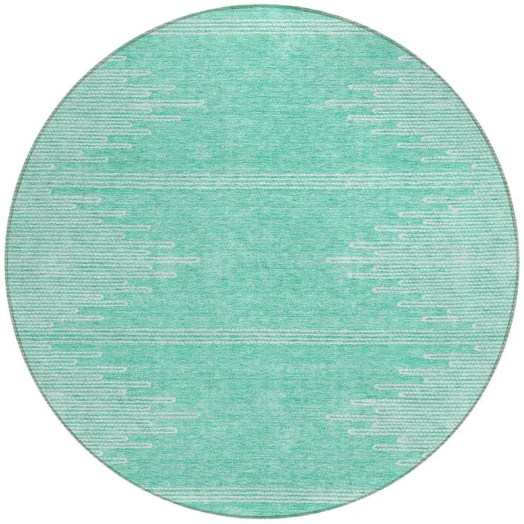 8' Aquamarine And Ivory Round Abstract Washable Indoor Outdoor Area Rug