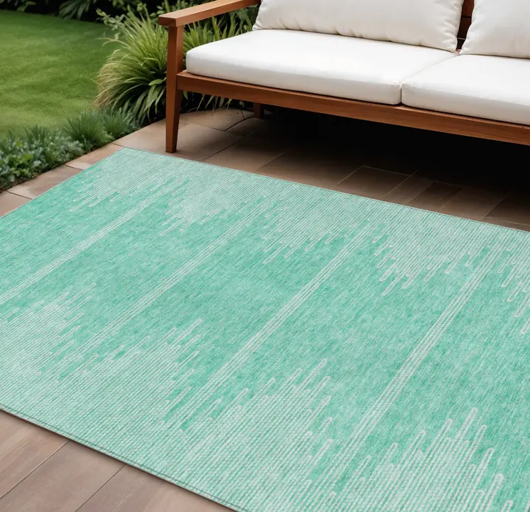 10' X 14' Aquamarine And Ivory Abstract Washable Indoor Outdoor Area Rug