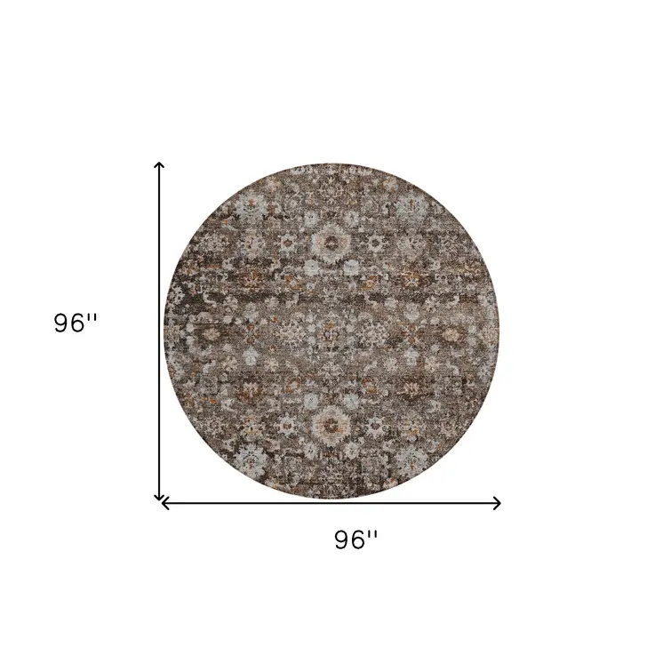 8' Dark Brown Brown And Taupe Round Oriental Washable Indoor Outdoor Area Rug
