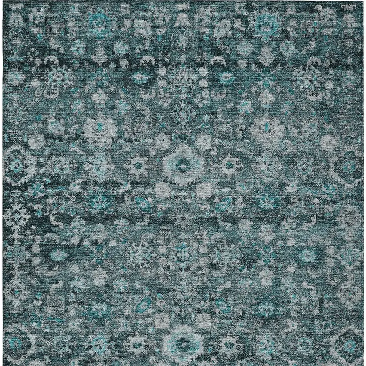 3' X 5' Dark Green Aqua And Charcoal Oriental Washable Indoor Outdoor Area Rug