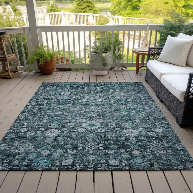 3' X 5' Dark Green Aqua And Charcoal Oriental Washable Indoor Outdoor Area Rug