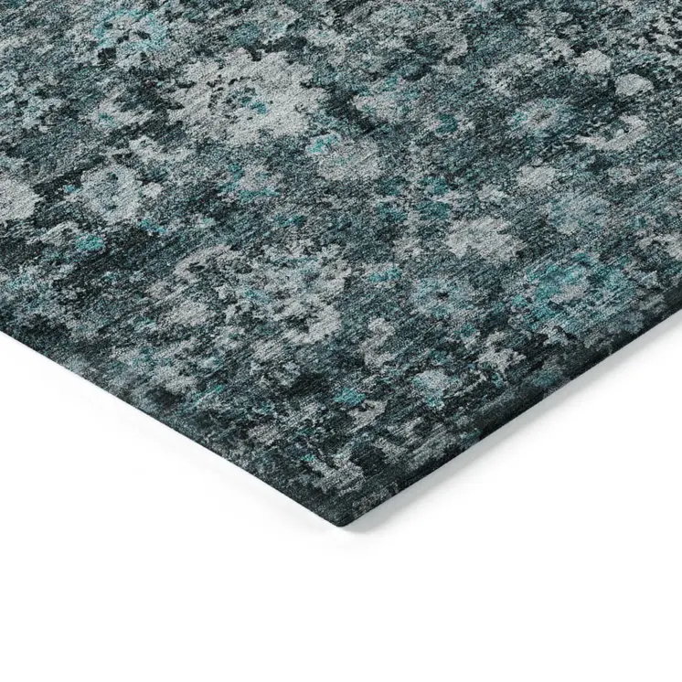 3' X 5' Dark Green Aqua And Charcoal Oriental Washable Indoor Outdoor Area Rug
