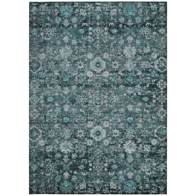 5' X 8' Dark Green Aqua And Charcoal Oriental Washable Indoor Outdoor Area Rug