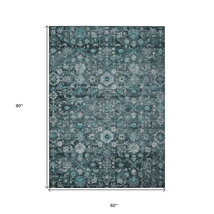 5' X 8' Dark Green Aqua And Charcoal Oriental Washable Indoor Outdoor Area Rug