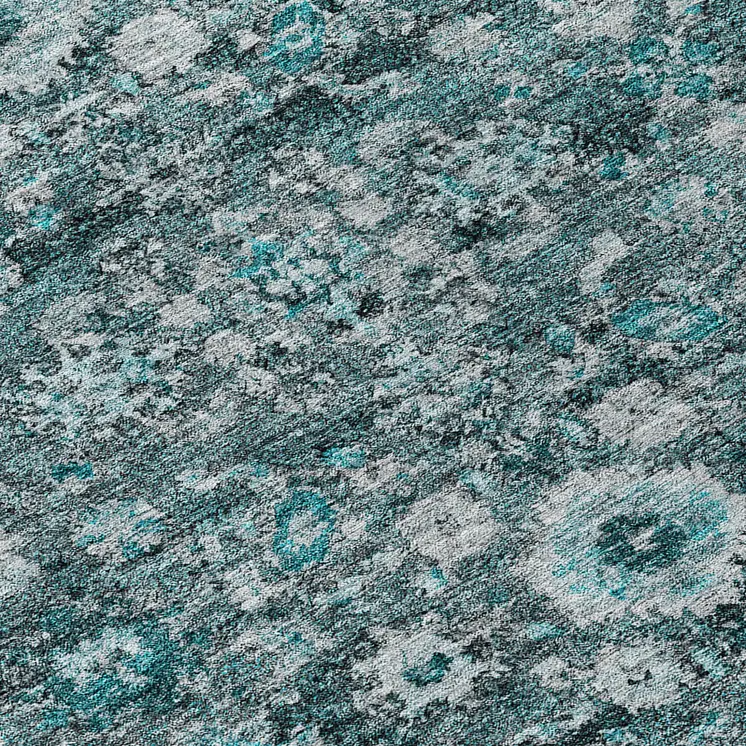 8' Dark Green Aqua And Charcoal Round Oriental Washable Indoor Outdoor Area Rug
