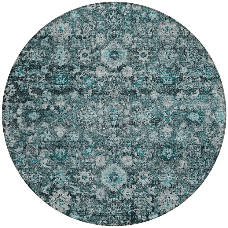 8' Dark Green Aqua And Charcoal Round Oriental Washable Indoor Outdoor Area Rug