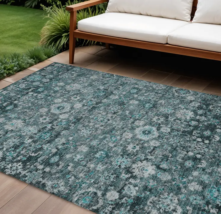 8' X 10' Dark Green Aqua And Charcoal Oriental Washable Indoor Outdoor Area Rug