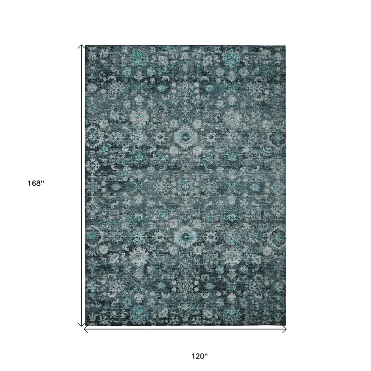 10' X 14' Dark Green Aqua And Charcoal Oriental Washable Indoor Outdoor Area Rug