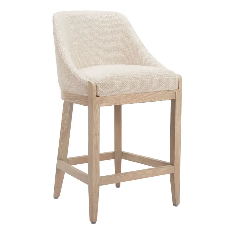 27" Beige and Natural Fabric and Solid Wood Counter Height Bar Chair