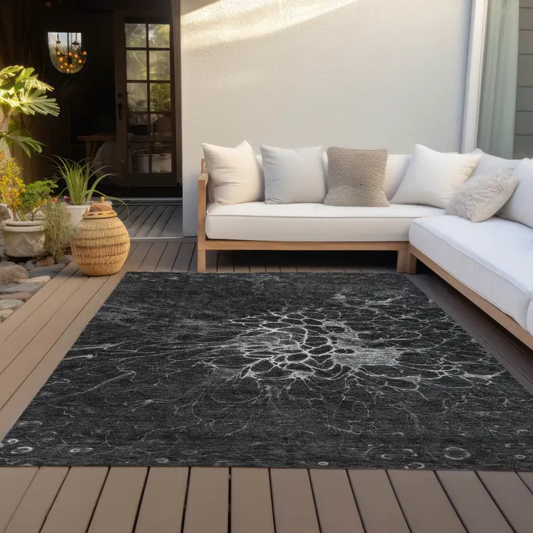 5' X 8' Charcoal Gray And Silver Abstract Washable Indoor Outdoor Area Rug