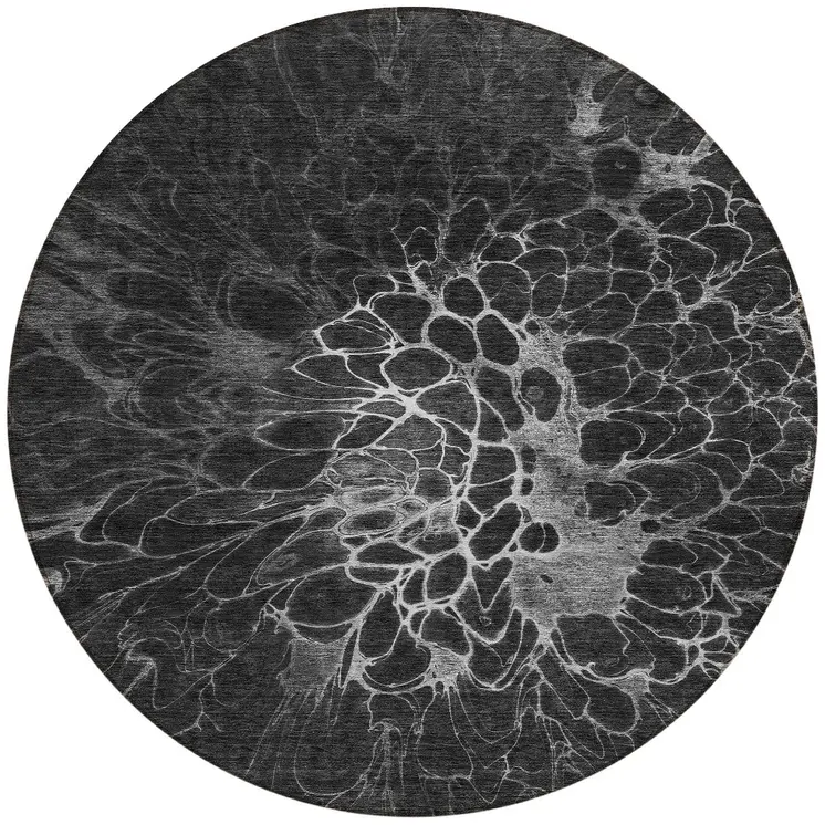 8' Charcoal Gray And Silver Round Abstract Washable Indoor Outdoor Area Rug