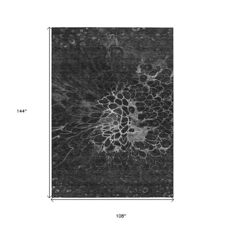 9' X 12' Charcoal Gray And Silver Abstract Washable Indoor Outdoor Area Rug