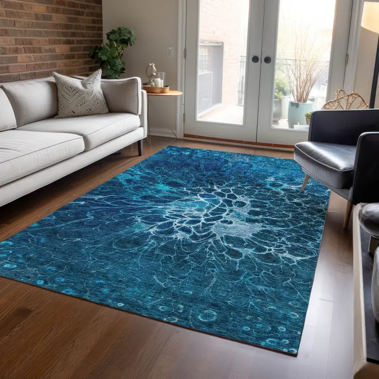 5' X 8' Navy Blue And Sky Blue Abstract Washable Indoor Outdoor Area Rug