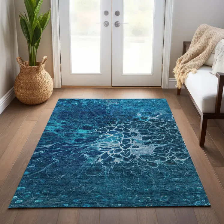 8' X 10' Navy Blue And Sky Blue Abstract Washable Indoor Outdoor Area Rug
