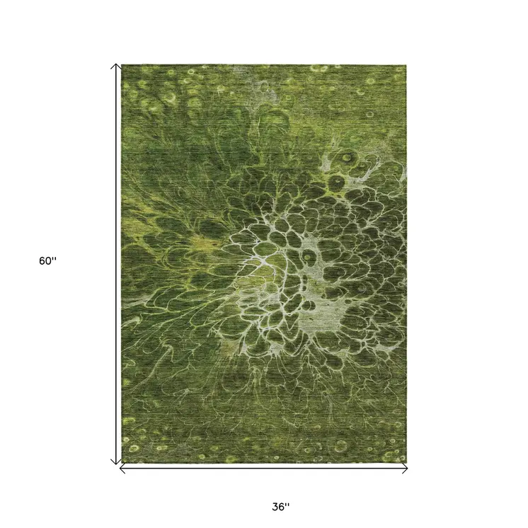 3' X 5' Olive Green And Sage Abstract Washable Indoor Outdoor Area Rug