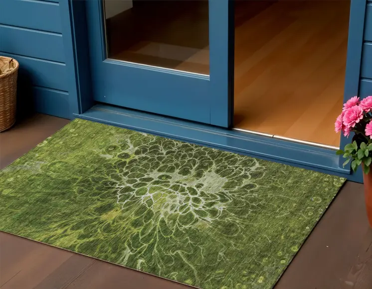 3' X 5' Olive Green And Sage Abstract Washable Indoor Outdoor Area Rug
