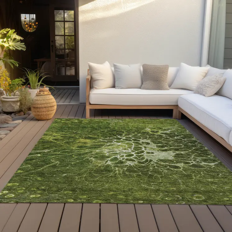3' X 5' Olive Green And Sage Abstract Washable Indoor Outdoor Area Rug