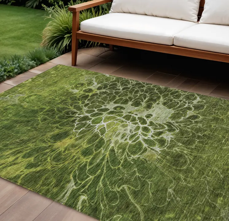 10' X 14' Olive Green And Sage Abstract Washable Indoor Outdoor Area Rug