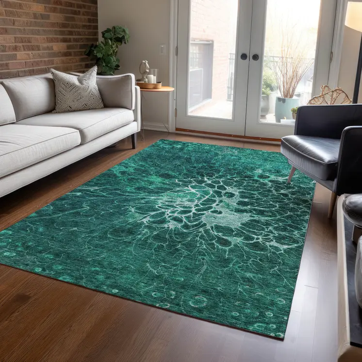 5' X 8' Teal Blue Aqua And Turquoise Abstract Washable Indoor Outdoor Area Rug