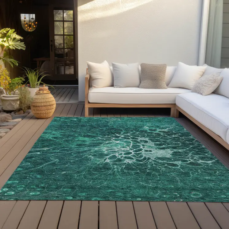8' X 10' Teal Blue Aqua And Turquoise Abstract Washable Indoor Outdoor Area Rug