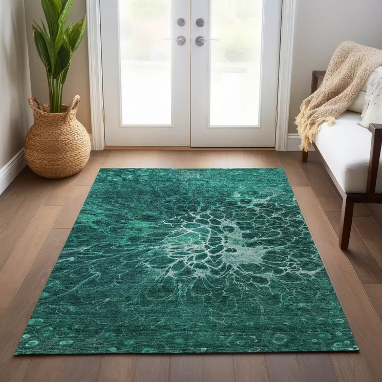 8' X 10' Teal Blue Aqua And Turquoise Abstract Washable Indoor Outdoor Area Rug