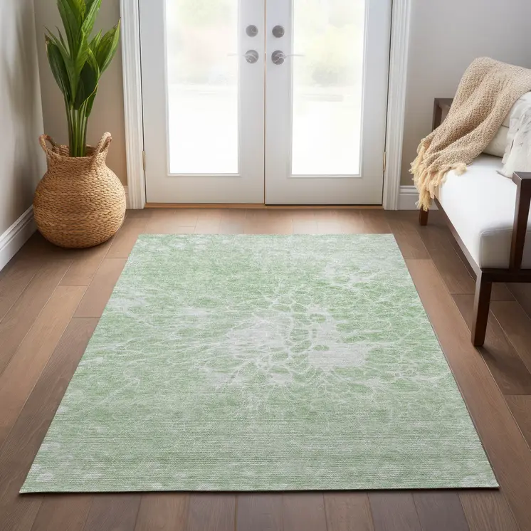 9' X 12' Mint Green And Ivory Abstract Washable Indoor Outdoor Area Rug