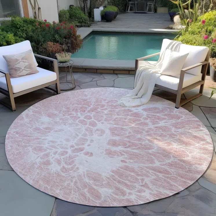 8' Pink Blush And Ivory Round Abstract Washable Indoor Outdoor Area Rug