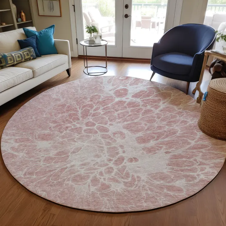 8' Pink Blush And Ivory Round Abstract Washable Indoor Outdoor Area Rug