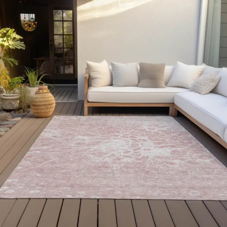 8' X 10' Pink Blush And Ivory Abstract Washable Indoor Outdoor Area Rug