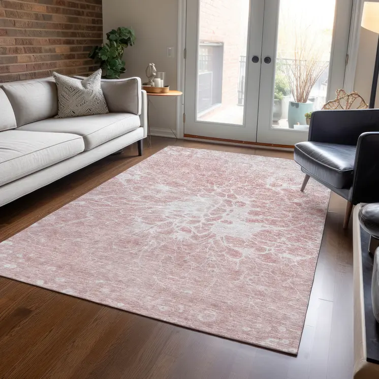8' X 10' Pink Blush And Ivory Abstract Washable Indoor Outdoor Area Rug
