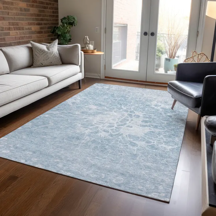 3' X 5' Sky Blue And Denim Blue Abstract Washable Indoor Outdoor Area Rug