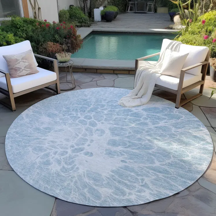 8' Sky Blue And Denim Blue Round Abstract Washable Indoor Outdoor Area Rug