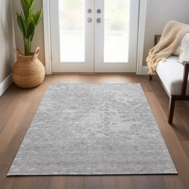 3' X 5' Silver And Gray Abstract Washable Indoor Outdoor Area Rug