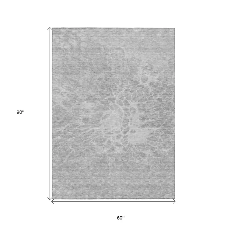 5' X 8' Silver And Gray Abstract Washable Indoor Outdoor Area Rug