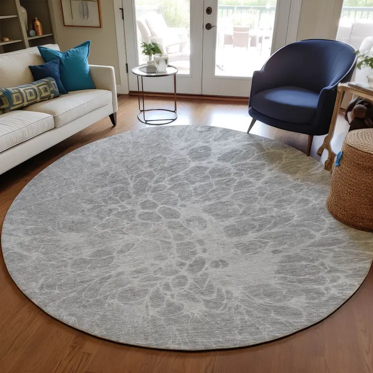 8' Silver And Gray Round Abstract Washable Indoor Outdoor Area Rug