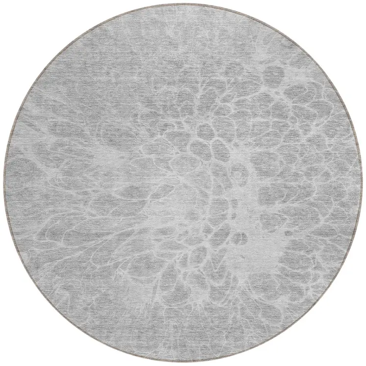 8' Silver And Gray Round Abstract Washable Indoor Outdoor Area Rug