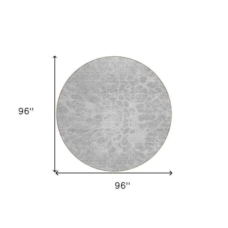 8' Silver And Gray Round Abstract Washable Indoor Outdoor Area Rug