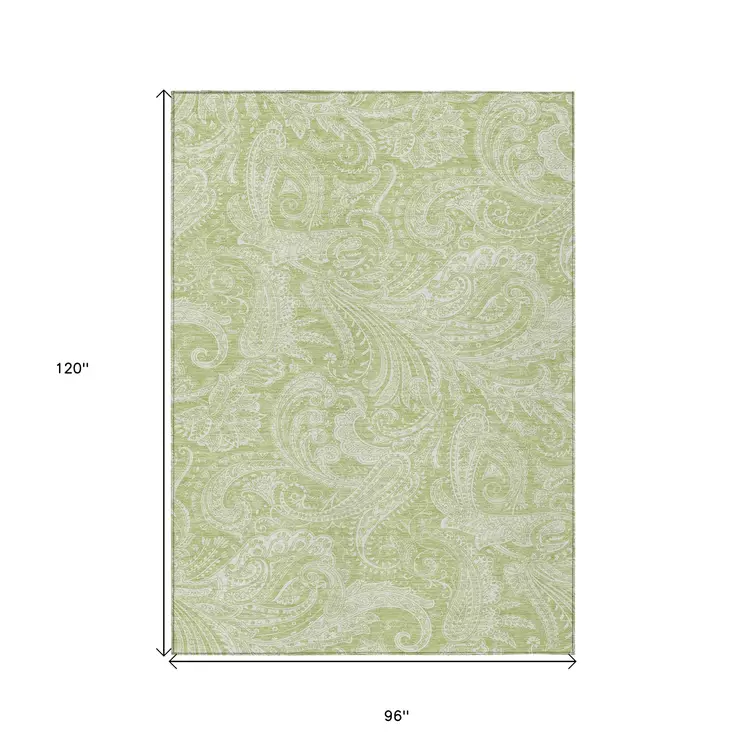 8' X 10' Green And Ivory Paisley Washable Indoor Outdoor Area Rug