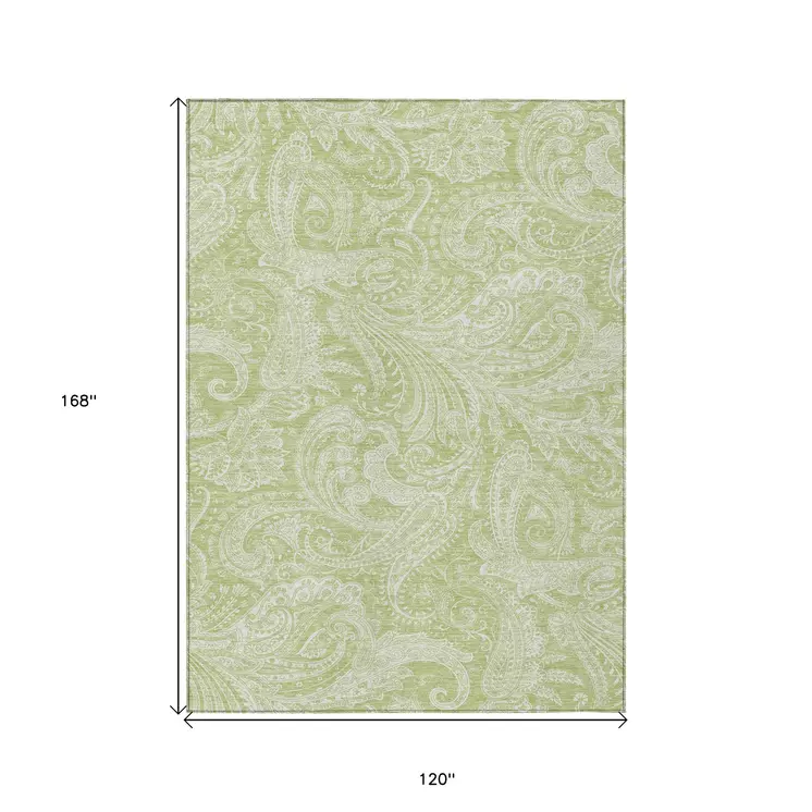 10' X 14' Green And Ivory Paisley Washable Indoor Outdoor Area Rug