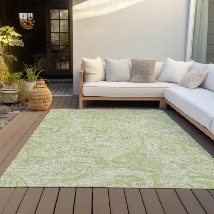 10' X 14' Green And Ivory Paisley Washable Indoor Outdoor Area Rug